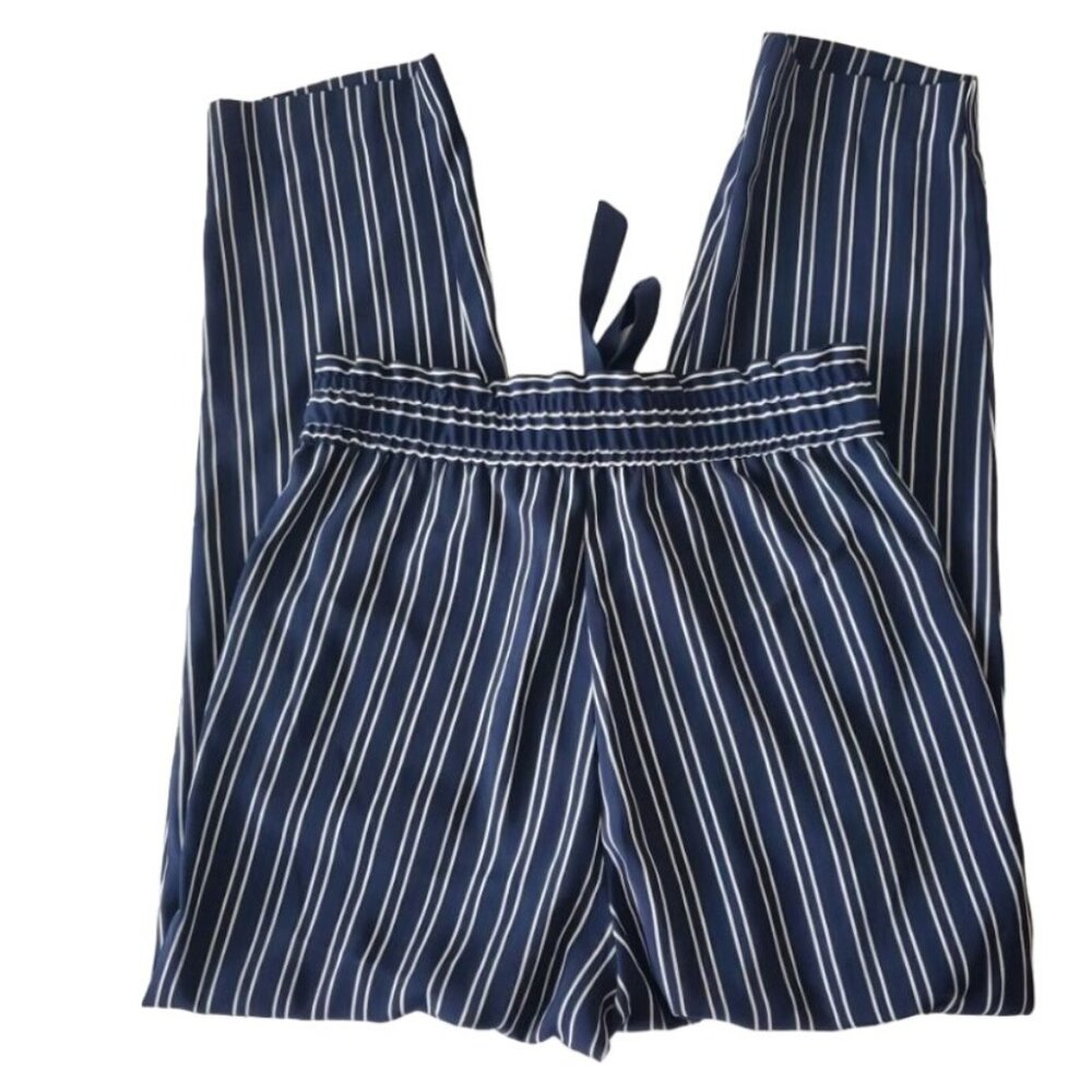 ZARA Women's Navy Blue/White Striped Drawstring Paperbag Pants Size XS - Picture 4 of 16
